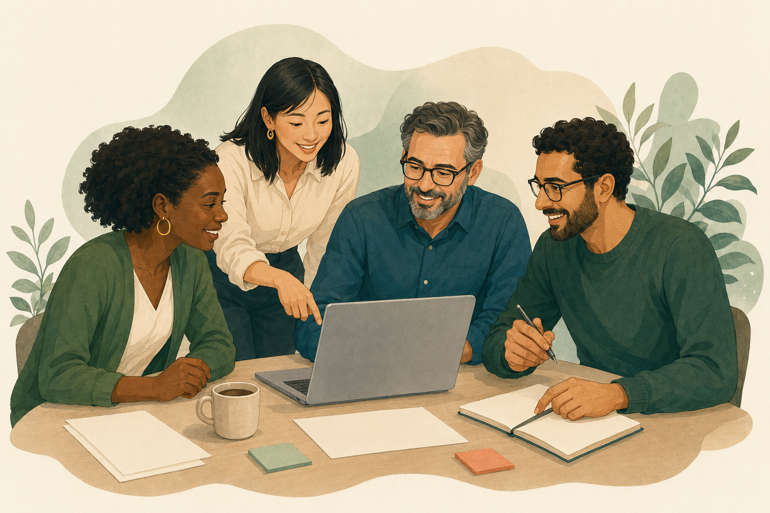 Professores e gestores planejando preços de aulas em grupo